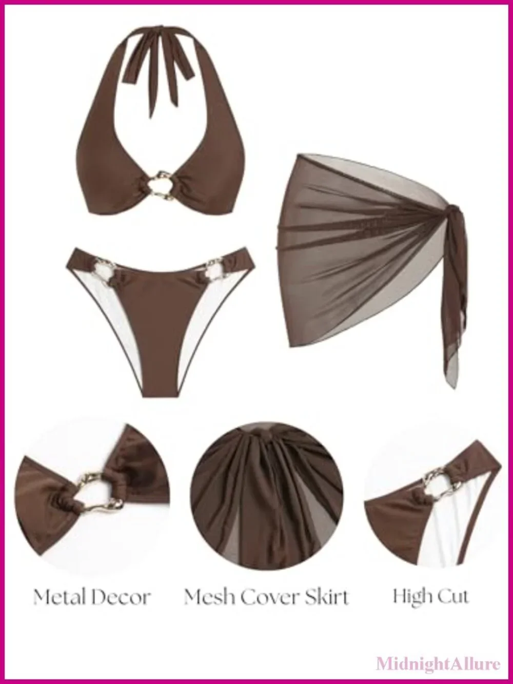 3 Piece Bikini Set with Coverup Skirt Halter Triangle Top Cheeky Brazilian